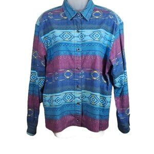 Vintage Cabela's Southwestern Blue Purple Navajo Button Flannel Shirt SZ M